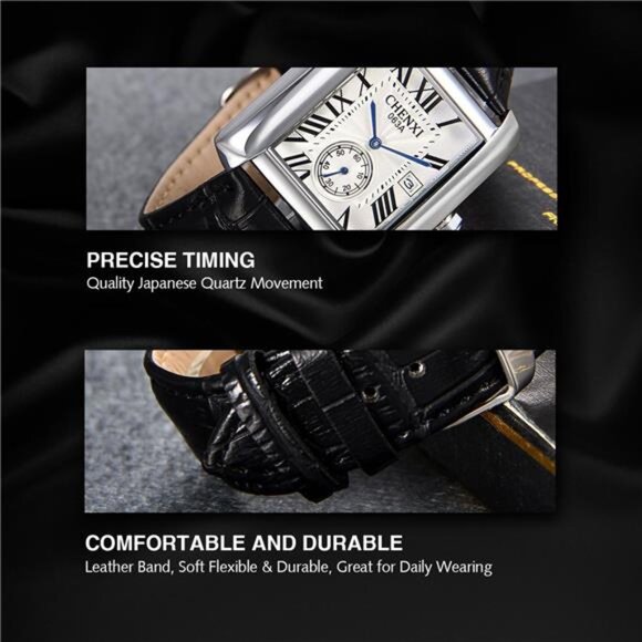 Mens Square Watch, Vintage Leather Cuff Watch, Roman Numeral Analog Quartz - Picture 4 of 7